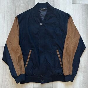 Vintage Made In Italy Wool & Cashmere Navy And Brown Zip Up Varsity Jacket SizeM